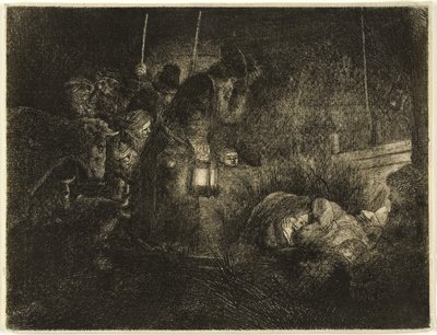 Adoracja pasterzy: nocny kawałek, ok. 1657 (akwaforta na papierze) autorstwa Rembrandt Harmensz. van Rijn