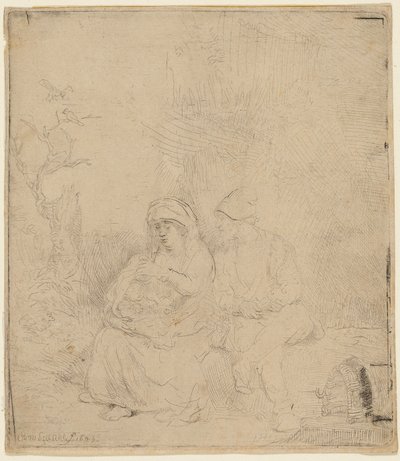 Reszta podczas lotu do Egiptu: lekko wytrawiona autorstwa Rembrandt Harmensz. van Rijn