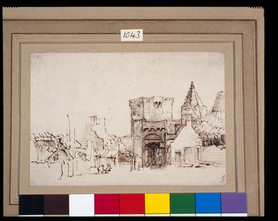 Rijnpoort w Rhenen w Gelderland, ok. 1649 (pióro trzcinowe i atrament z praniem na papierze) autorstwa Rembrandt Harmensz. van Rijn