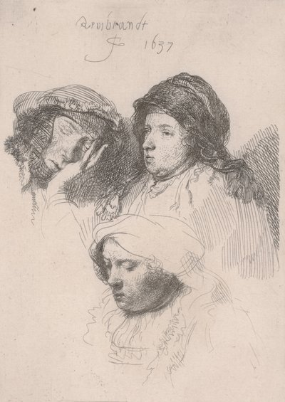 Trzy głowy kobiet, jedna śpiąca autorstwa Rembrandt van Rijn