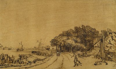Widok na Amstel: droga na Amsteldijk wiodąca do Trompenburga, ok. 1649-50 (pióro i tusz z brązowym rozmyciem i białym kolorem ciała na papierze) autorstwa Rembrandt Harmensz. van Rijn
