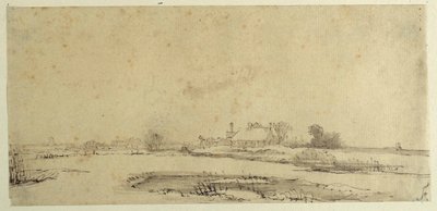 Woda, łąki i zagroda (pióro i atrament na papierze) autorstwa Rembrandt Harmensz. van Rijn