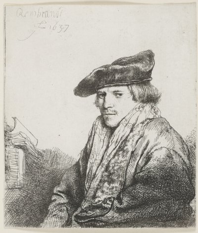 Młody mężczyzna w aksamitnej czapce z książkami obok siebie autorstwa Rembrandt van Rijn