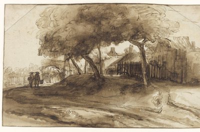 Domy i drzewa na grobli autorstwa Rembrandt van Rijn (school of)