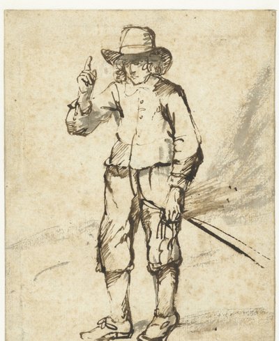 Stojący chłopiec trzymający bicz i unoszący prawą rękę autorstwa Rembrandt van Rijn (school of)