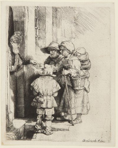Niewidomy grajek na lirze korbowej i jego rodzina otrzymujący jałmużnę autorstwa Rembrandt van Rijn