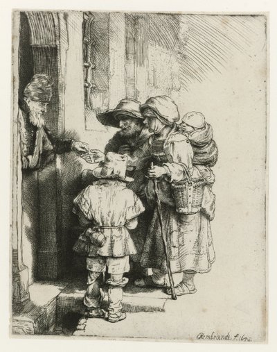 Niewidomy gracz na lirze korbowej i jego rodzina Niewidomy gracz liry korbowej i rodzina otrzymująca jałmużnę autorstwa Rembrandt van Rijn