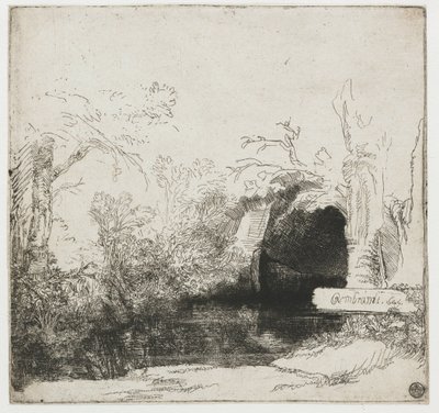 Potok z grotą i łódką („Het spelonkje”) Potok z grotą i łódką autorstwa Rembrandt van Rijn