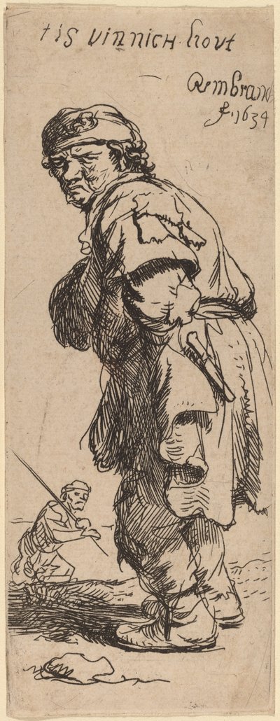 Chłop wołający: „tis vinnich kout” (jest przenikliwe zimno) autorstwa Rembrandt van Rijn