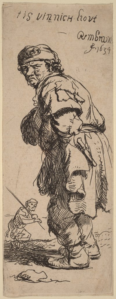 Chłop wołający: „tis vinnich kout” (Jest przenikliwie zimno) autorstwa Rembrandt van Rijn