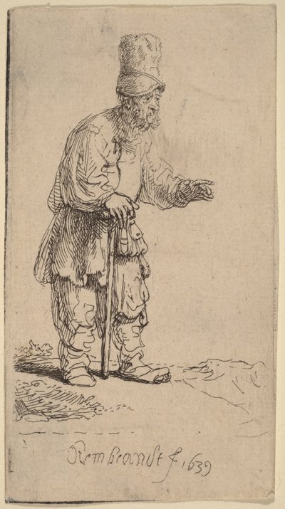Chłop w wysokiej czapce, stojący i opierający się na lasce autorstwa Rembrandt van Rijn