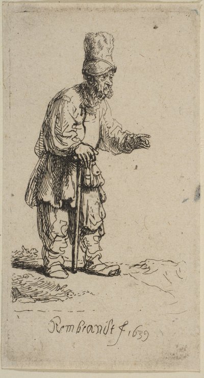 Chłop w wysokiej czapce stojący oparty o patyk, 1639. autorstwa Rembrandt van Rijn