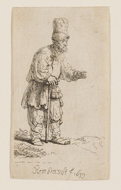 Chłop w wysokiej czapce, stojący i oparty na kiju autorstwa Rembrandt van Rijn