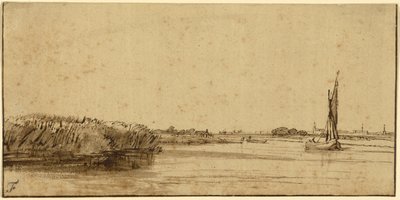 Żaglówka na szerokiej przestrzeni wody, ok. 1650 (pióro i brązowy tusz i brązowa płukanka, na barwionym papierze) autorstwa Rembrandt van Rijn