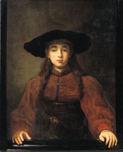 Młoda kobieta kładzie ręce na ramie obrazu autorstwa Rembrandt van Rijn