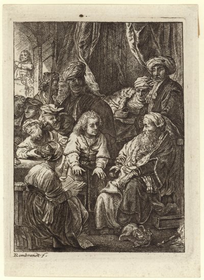 Tłum ludzi zebrał się wokół siedzącego starca autorstwa Rembrandt van Rijn