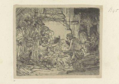 Aanbidding der herders: met de olielamp Kolekcja osiemdziesięciu pięciu oryginalnych grafik (tytuł serii) autorstwa Rembrandt van Rijn