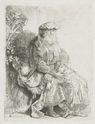 Abraham pieszczący Izaaka Jakub pieszczący Benjamina autorstwa Rembrandt van Rijn