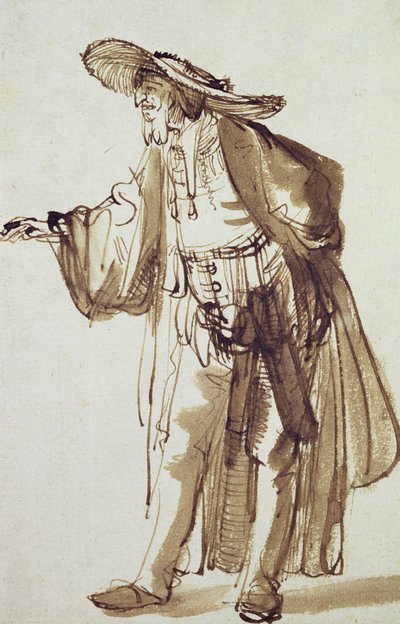 Aktor w kapeluszu z szerokim rondem (piórko i tusz na papierze) autorstwa Rembrandt van Rijn