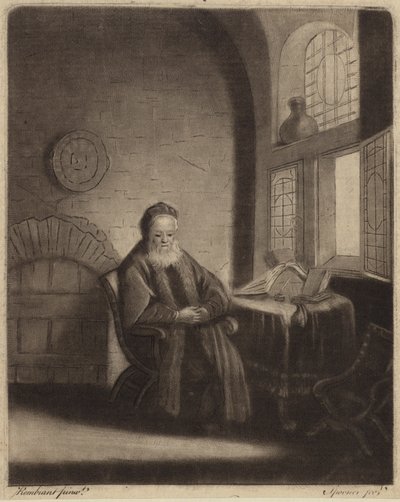 Starszy, brodaty filozof siedzący przy biurku przed oknem autorstwa Rembrandt van Rijn