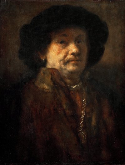 Autoportret w futrze ze złotym łańcuszkiem i kolczykiem, autorstwa Rembrandta van Rhijna (1606-1669). olej na drewnie autorstwa Rembrandt van Rijn