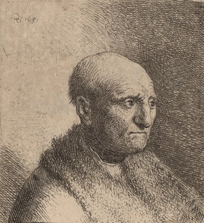 Łysy mężczyzna w futrzanym płaszczu, c. 1630. autorstwa Rembrandt van Rijn