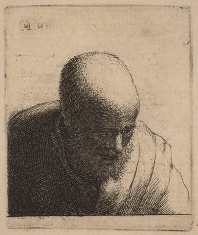 Łysy mężczyzna z otwartymi ustami, spoglądający w dół autorstwa Rembrandt van Rijn
