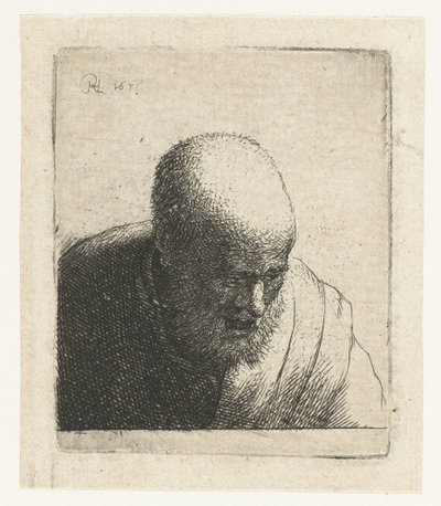 Łysy mężczyzna z otwartymi ustami, patrząc w dół: biust autorstwa Rembrandt van Rijn