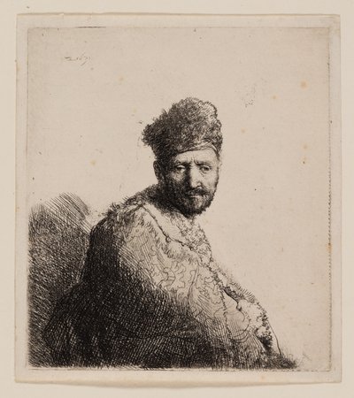 Brodaty mężczyzna w orientalnej czapce i szacie z futrem autorstwa Rembrandt van Rijn