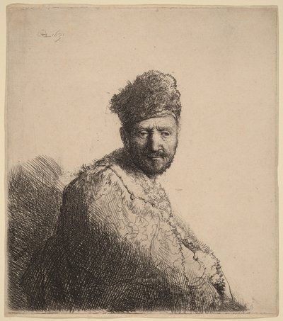 Brodaty mężczyzna w futrzanej orientalnej czapce i szacie: ojciec artysty autorstwa Rembrandt van Rijn