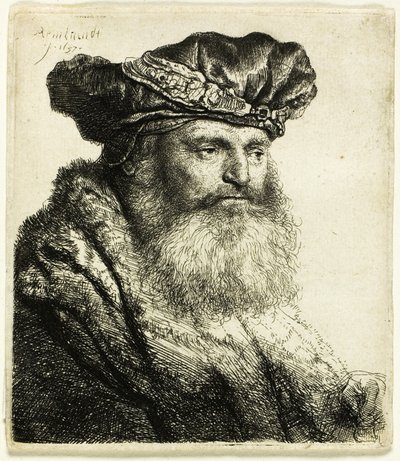 Brodaty mężczyzna w aksamitnej czapce z klejnotowym zapięciem autorstwa Rembrandt van Rijn