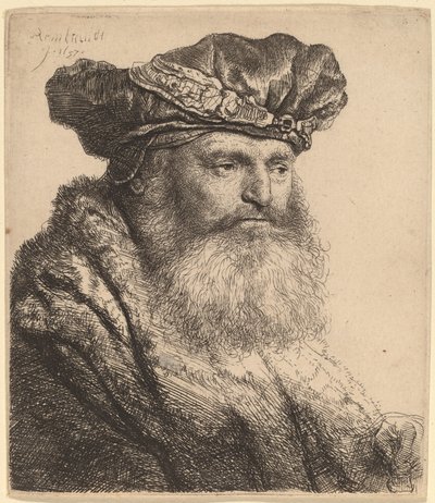 Brodaty mężczyzna w aksamitnej czapce z klejnotowym zapięciem autorstwa Rembrandt van Rijn