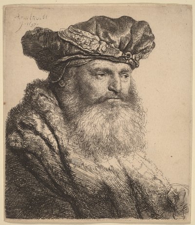 Brodaty mężczyzna w aksamitnej czapce z klepsydrowym zapięciem autorstwa Rembrandt van Rijn