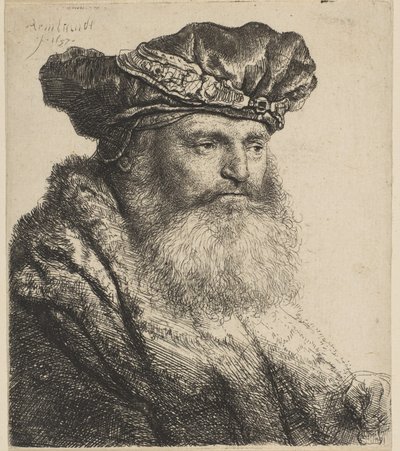 Brodaty mężczyzna w aksamitnej czapce z klejnotowym zapięciem, 1637. autorstwa Rembrandt van Rijn