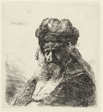 Brodaty starzec w wysokiej futrzanej czapce, z zamkniętymi oczami autorstwa Rembrandt van Rijn