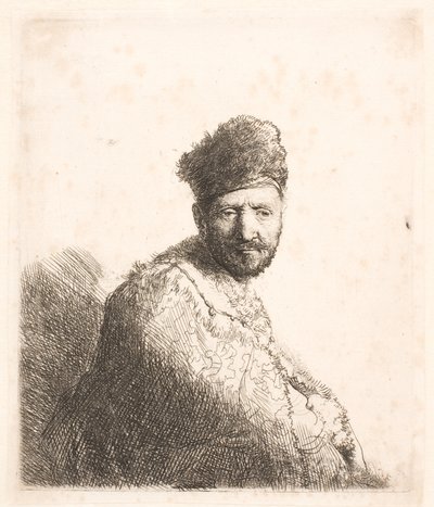 Brodaty mężczyzna (ojciec Rembrandta) w futrzanej orientalnej czapce i szacie: portret do połowy postaci autorstwa Rembrandt van Rijn