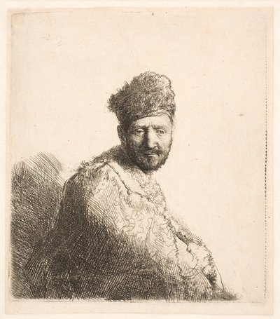 Brodaty mężczyzna (ojciec Rembrandta) w futrzanej orientalnej czapce i szacie: portret do połowy postaci autorstwa Rembrandt van Rijn