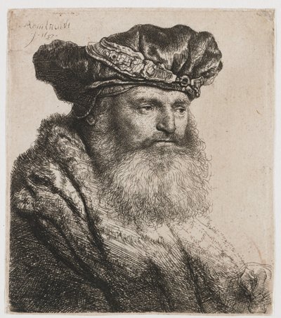 Brodaty mężczyzna w aksamitnej czapce z klejnotowym zapięciem autorstwa Rembrandt van Rijn