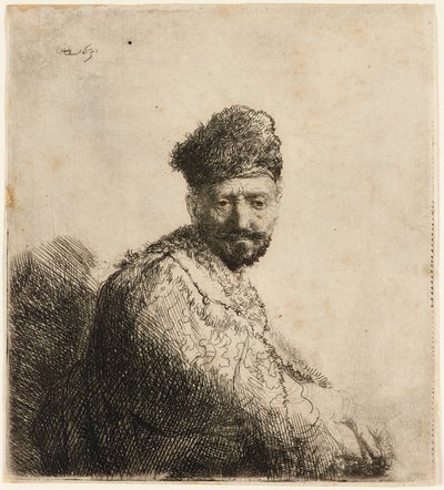 Brodaty mężczyzna w futrzanej orientalnej czapce: ojciec artysty, 1631. autorstwa Rembrandt van Rijn