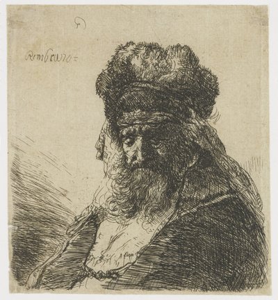 Brodaty starzec w wysokiej futrzanej czapce, z zamkniętymi oczami autorstwa Rembrandt van Rijn