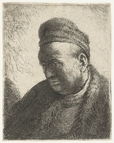 Mężczyzna bez brody w futrzanej pelerynie i czapce: biust autorstwa Rembrandt van Rijn