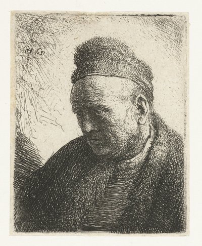 Mężczyzna bez brody w futrzanej pelerynie i czapce: biust autorstwa Rembrandt van Rijn