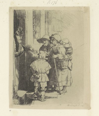 Rodzina żebrząca otrzymuje jałmużnę w drzwiach domu Recueil de quatre-vingt-cinq estampes originales (tytuł serii) autorstwa Rembrandt van Rijn