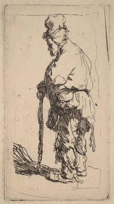 Żebrak opierający się na lasce, zwrócony w lewo autorstwa Rembrandt van Rijn