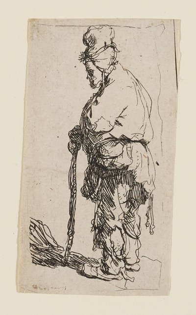 Żebrak oparty na kiju, zwrócony w lewo autorstwa Rembrandt van Rijn