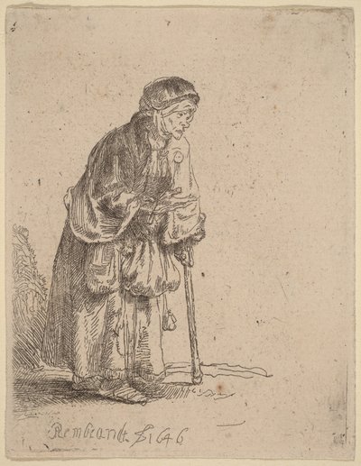 Żebraczka opierająca się na lasce autorstwa Rembrandt van Rijn