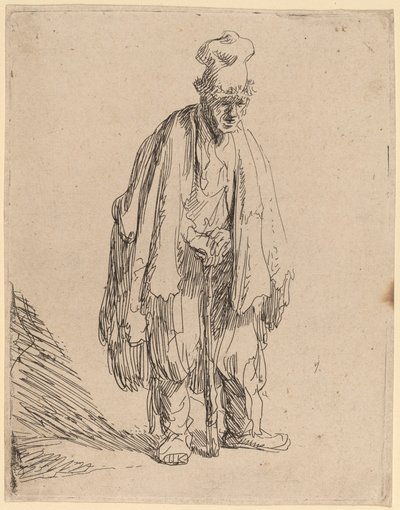 Żebrak w wysokiej czapce, stojąc i opierając się na patyku autorstwa Rembrandt van Rijn