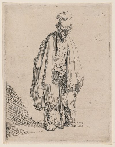 Żebrak w czapce z wysokim daszkiem, stojący i opierający się na lasce autorstwa Rembrandt van Rijn