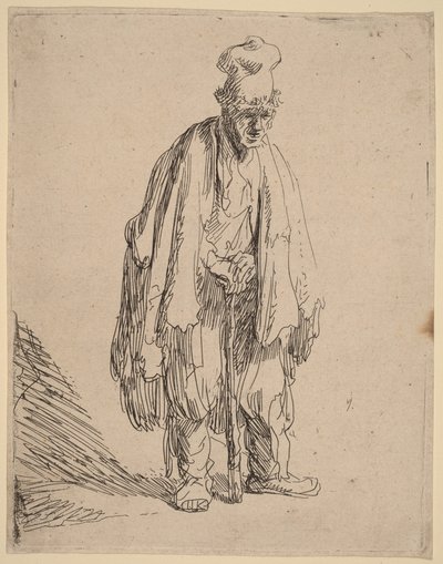 Żebrak w czapce z wysokim daszkiem, stojący i opierający się na lasce autorstwa Rembrandt van Rijn