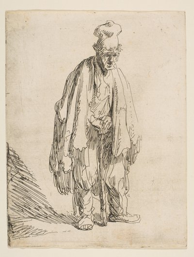 Żebrak w wysokiej czapce, stojący i oparty na patyku, ok. godz. 1629. autorstwa Rembrandt van Rijn